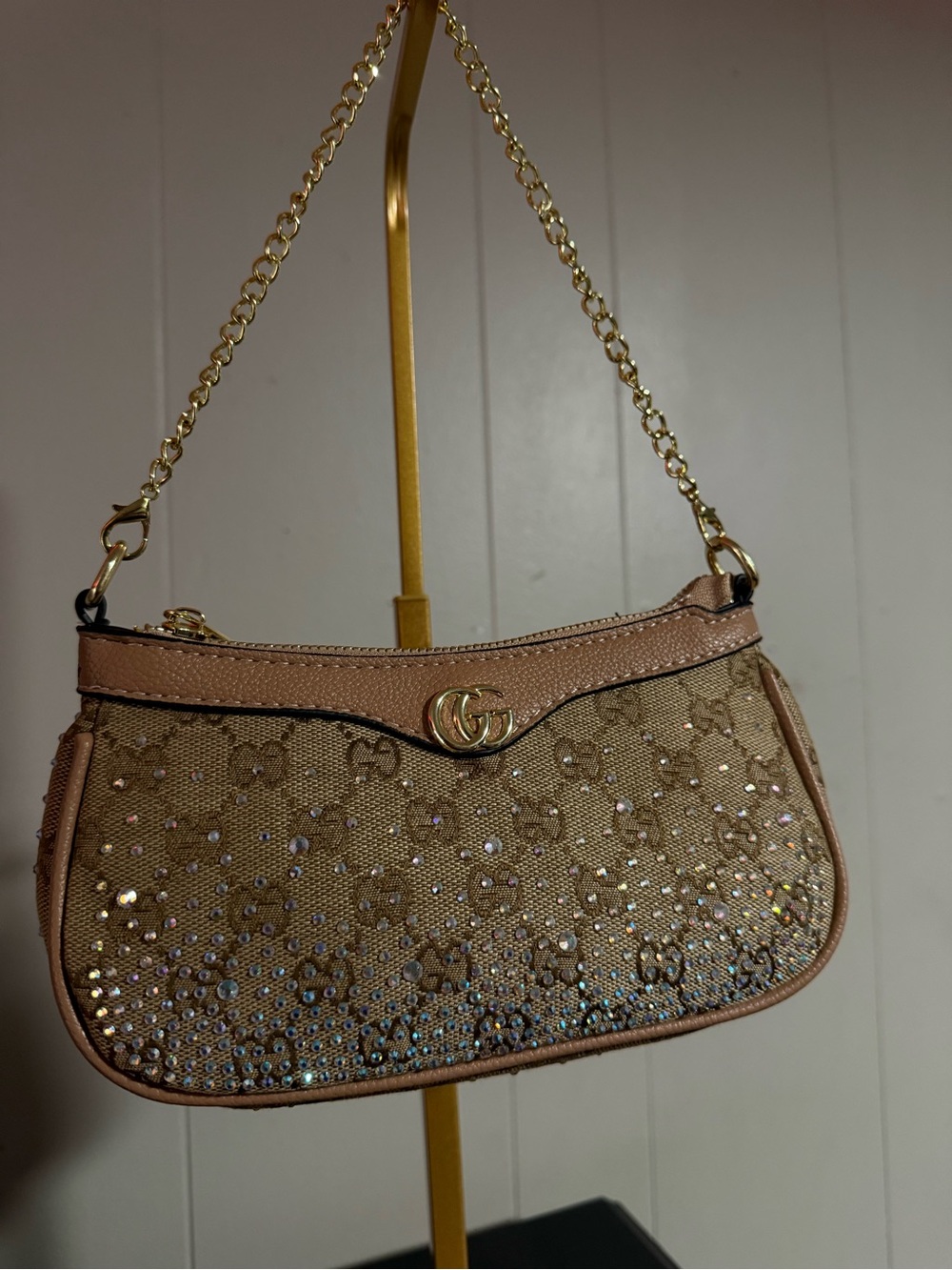 Gucci Beige/Tan Crystal GG Monogram Shoulder Bag with Gold Chain